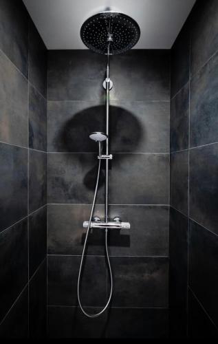 une douche avec pommeau de douche dans une salle de bain dans l'établissement La villa du lac Biscarosse, à Biscarrosse