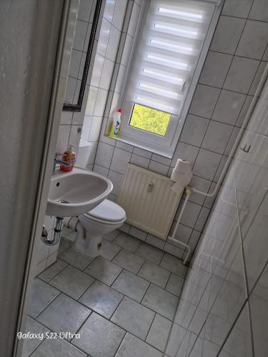 een badkamer met een toilet, een wastafel en een raam bij Wunderschöne 3 Zimmer Ferien und Monteurswohnung 20 