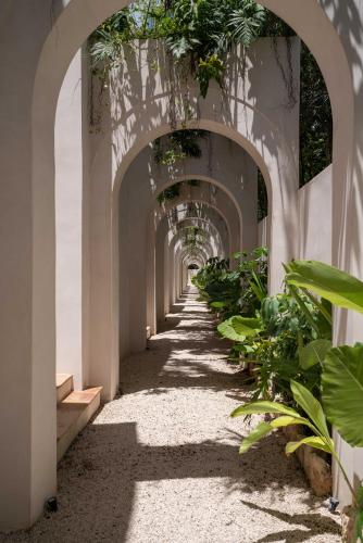 an arcade hallway with plants on the side of a building at Anat Tantric Boutique Hotel in Tulum