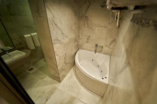 a bathroom with a tub and a shower and a sink at Gold's Pyramids Hotel in Cairo