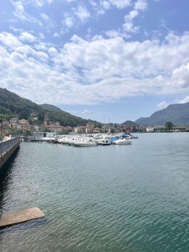 a group of boats docked at a dock in a harbor at Casa Princi - lago Ceresio in Porto Ceresio