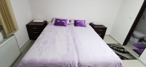 ein Schlafzimmer mit einem Bett mit lila Kissen in der Unterkunft Apartman Delic in Lukavac
