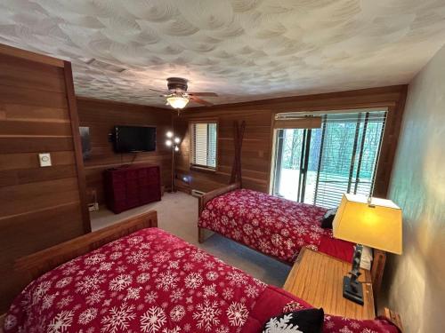 Champion的住宿－Townhouse in Seven Springs 3bed 2bath sleeps 8 aircon wifi，一间带两张床的卧室和一台电视