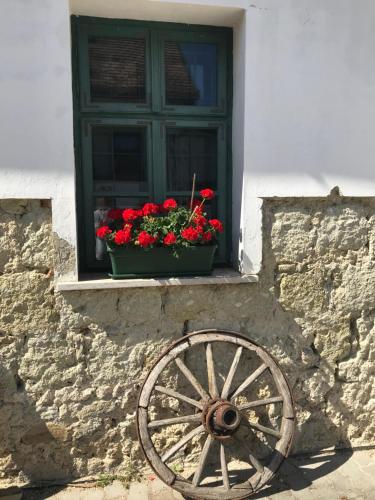 a window with a flower box with red flowers under it at Falubíró Vendégháza in Bekölce