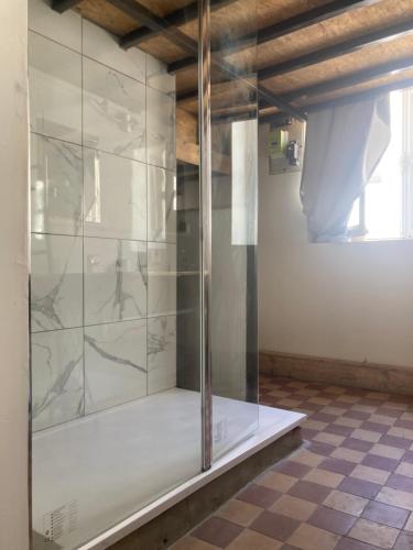 ディジョンにあるAppartements atypiques centre historiqueのタイルフロアの客室で、ガラス張りのシャワーが備わります。