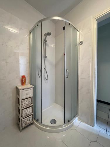 a shower with a glass door in a bathroom at Gabbinoholidayhome Appartamento in suggestiva corte in Como