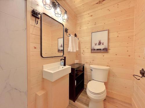 a bathroom with a toilet and a sink and a mirror at Retreat on the Lake in Hiawassee