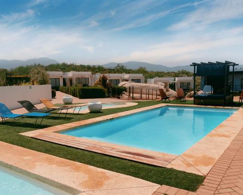 a swimming pool in a yard with chairs around it at La Cima del Valle in Valle de Guadalupe