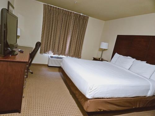 a hotel room with a large bed and a television at Cobblestone Inn & Suites - Bloomfield in Bloomfield