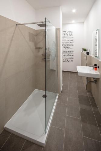 a bathroom with a glass shower and a sink at Goethe Palais Suite Charlotte 4P l Lift I ParkplatzI Zentrum I Helios in Aue