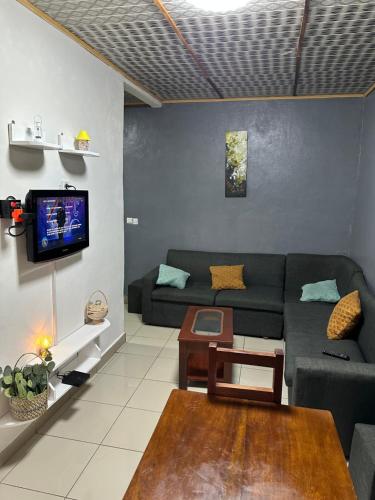 a living room with a couch and a tv at LES LOGIS DE NOUVELLE ROUTE BASTOS in Yaoundé