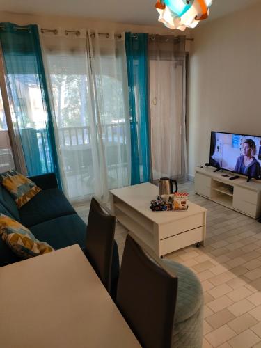 ein Wohnzimmer mit einem Sofa und einem TV in der Unterkunft Au petit bonheur in Sanary-sur-Mer