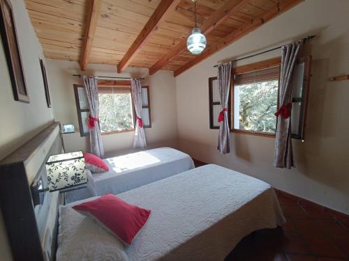 a bedroom with two beds and two windows at La Encina Casa Rural in El Quejigo