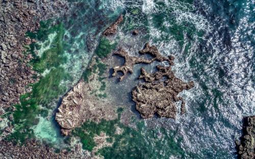 an aerial view of a rock island in the ocean at Gardner Family House #1 in Depoe Bay