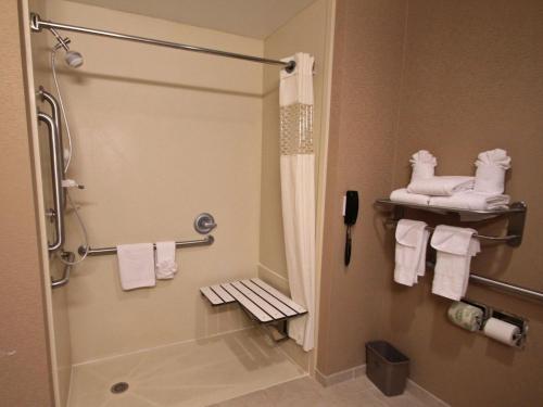y baño con ducha, toallas blancas y lavamanos. en Hampton Inn Hampton-Newport News, en Hampton