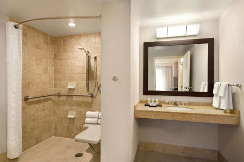 a bathroom with a sink and a shower at Embassy Suites Boston at Logan Airport in Boston