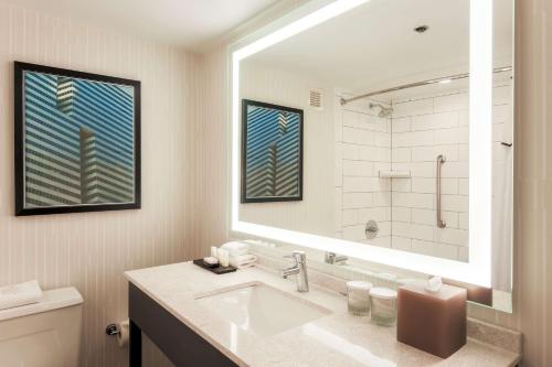 a bathroom with a sink and a large mirror at Embassy Suites by Hilton Dallas-Love Field in Dallas