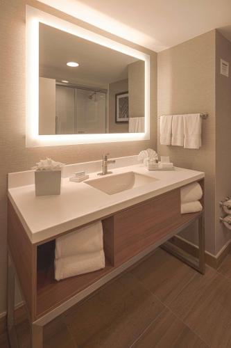 a bathroom with a sink and a large mirror at Hampton by Hilton Monterrey Galerias Obispado in Monterrey
