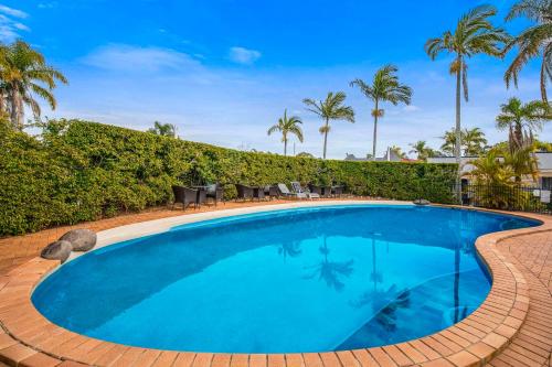 ブリスベンにあるComfort Inn North Brisbaneのヤシの木が背景に広がる青い大型スイミングプール