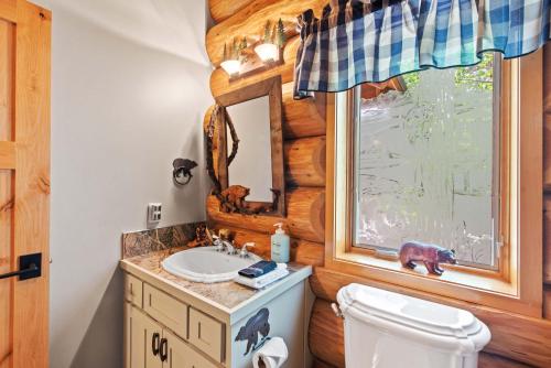 a bathroom with a toilet and a sink in a log cabin at Big Jim Mountain Lodge in Leavenworth