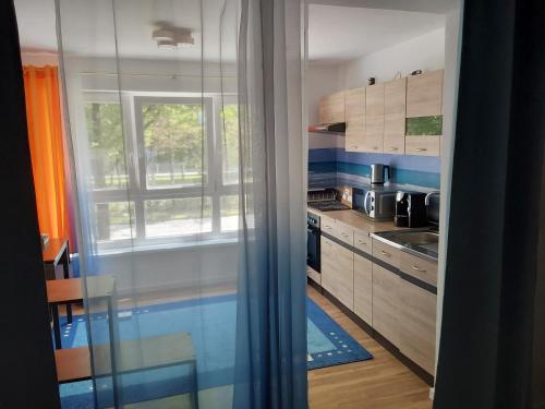 uma cozinha com paredes azuis e brancas e uma janela em 3 seperate APARTMENTS - 1,5 room apt - 2,5 rooms apt - 3,5 rooms apt mit sauna and kamin em Munique