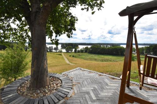 a tree in a stone circle around a tree at Dadaj Park Home in Biskupiec