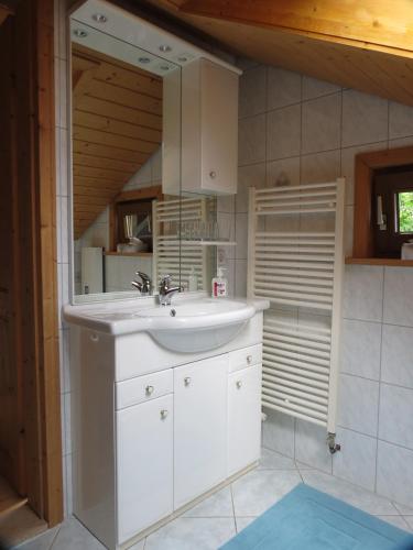a bathroom with a sink and a mirror at Ferienoase ENGEL in Überlingen