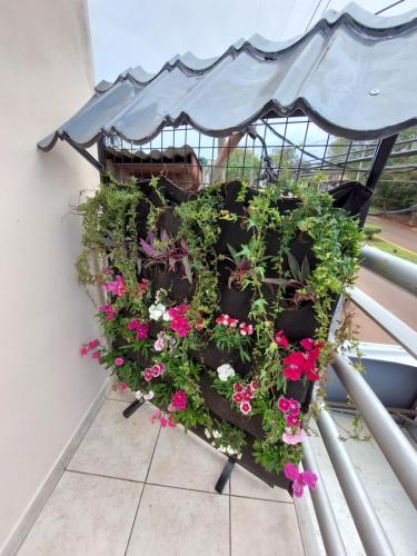 a bunch of flowers in a planter on a balcony at Departamento El Caminante in Oberá