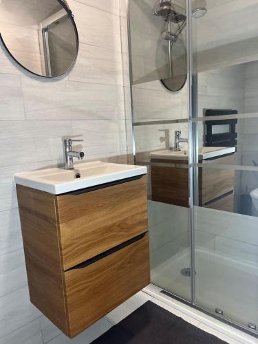 une salle de bain avec un lavabo, une douche et un miroir dans l'établissement Appartement Cosy proche de PARIS et Disneyland, à Ormesson-sur-Marne