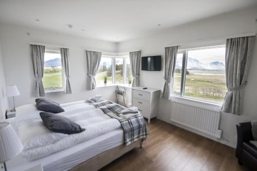 a bedroom with a bed and windows and a television at House on the Hill in Höfn