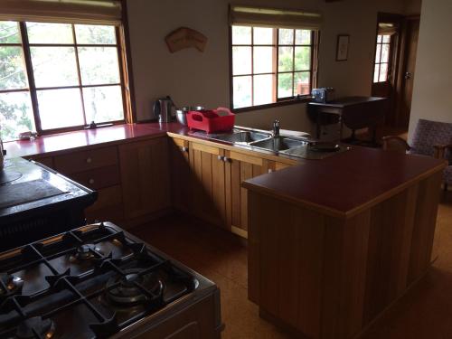 a kitchen with a stove and a sink at Tranquil Point in Cygnet