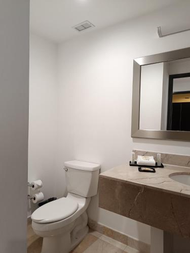 a bathroom with a toilet and a sink and a mirror at La Quinta by Wyndham Puebla Palmas Angelopolis in Puebla