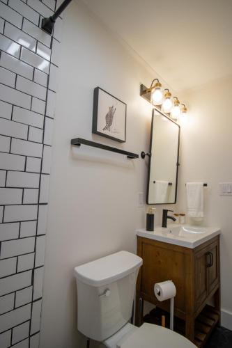 a bathroom with a toilet and a sink and a mirror at Cozy Mauldin Hill by Brick and Home in Simpsonville