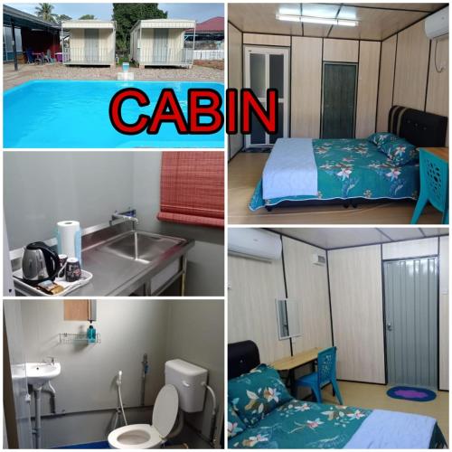 a collage of pictures of a room with a bed and a bathroom at Homestay Pinang Tunggal Cabin in Sungai Petani