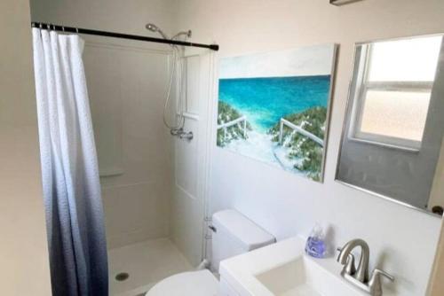 a bathroom with a toilet and a sink and a window at Tropical Retreat in Clearwater Beach