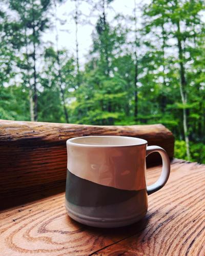 a coffee cup sitting on a table in front of a window at Almost Heaven Mountain Cabin in Murphy