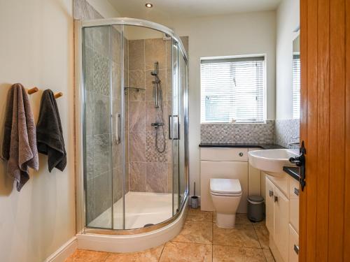 uma casa de banho com um chuveiro, um WC e um lavatório. em Orchard View em Minsterley