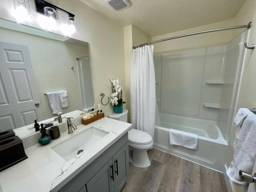 La salle de bains est pourvue d'un lavabo, de toilettes et d'une douche. dans l'établissement Tacoma 2 bedrooms 1 baths sleep 5 with compact kitchen, à Tacoma