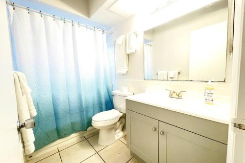 a bathroom with a toilet and a sink and a mirror at Sun, Sand, Coastal Haven 1 in Clearwater Beach