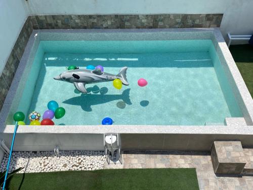 Casa de descanso con piscina Galileos في ليون: مسبح فيه قرش وكرات