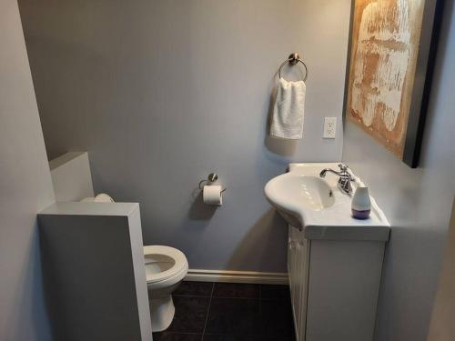 a bathroom with a white toilet and a sink at Private basement apartment in Saskatoon