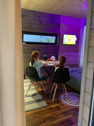 two women sitting at a table in a purple room at Rest гори 360 чан форель харчування in Sheshory