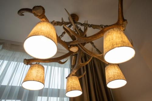 a chandelier with five lights hanging from a ceiling at The Hunter's Lodge Kamnik in Skopje