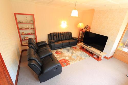 a living room with a leather couch and a flat screen tv at The southernmost home in the world in Invercargill