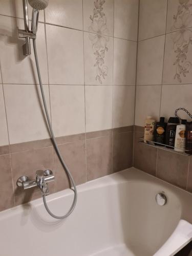 a bathroom with a bath tub with a shower at Turaidas apartment Jurmala in Jūrmala