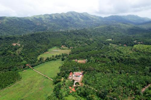 an aerial view of a house in the middle of a field at Kotibetta Homestay - Mountains View, River & Trek in Chikmagalūr
