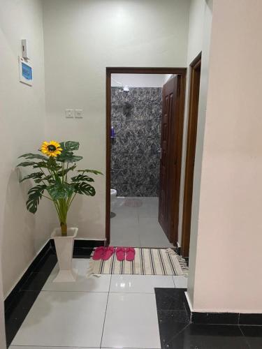 a bathroom with a plant and pink shoes on the floor at Lux Suites JSB Apartments Bamburi in Bamburi