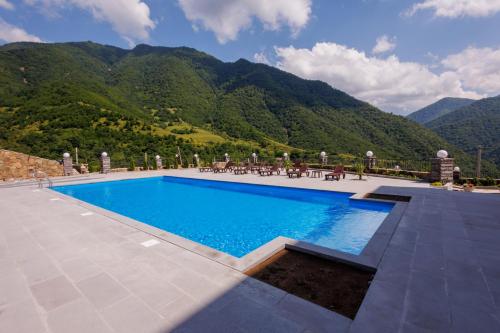 a swimming pool with a mountain in the background at Dream Hotel in Haghpat