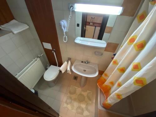 ein kleines Bad mit WC und Waschbecken in der Unterkunft Viking Hotel in Gárdony