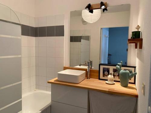 een badkamer met een wastafel en een spiegel bij Beau 3 pièces cosy avec parking et terrasse in Bordeaux